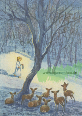 Rehe bestaunen ein Kind mit Laterne - Taurus Kunstkarten