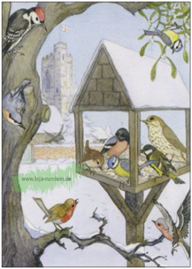 Vögel am winterlichen Futterhaus Nr.331 - Taurus Kunstkarten