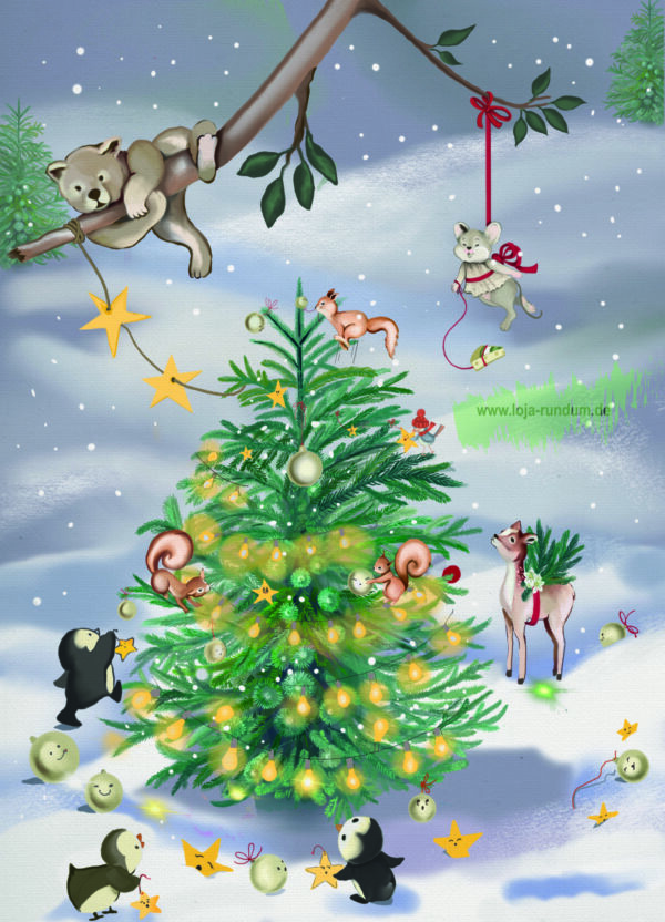 Animals decorate Christmas tree