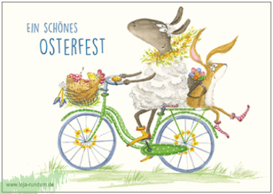 Ein schönes Osterfest (Schaf, Hase und Huhn auf Fahrrad) - Taurus Kunstkarten