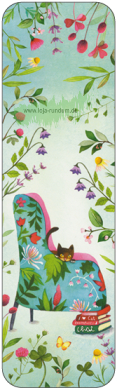 Cat on reading chair with books and flowers - BOOKMARK - TAURUS art cards